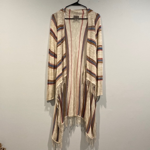 Sweet N Sinful Western Boho Striped Cream Cardigan with Fringed Ends-Size Medium - Picture 1 of 7
